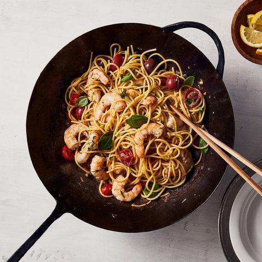 Stir-Fried Spaghetti with Shrimp, Cherry Tomatoes and Capers