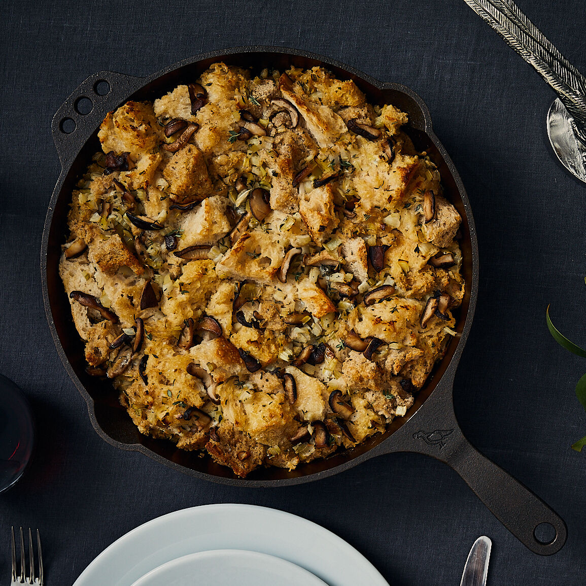 Mushroom stuffing baked in a No. 12 Skillet on a holiday table