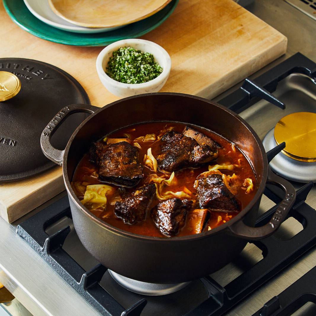 Braised short ribs in a 3.5 Qt Dutch Oven on a gas stove