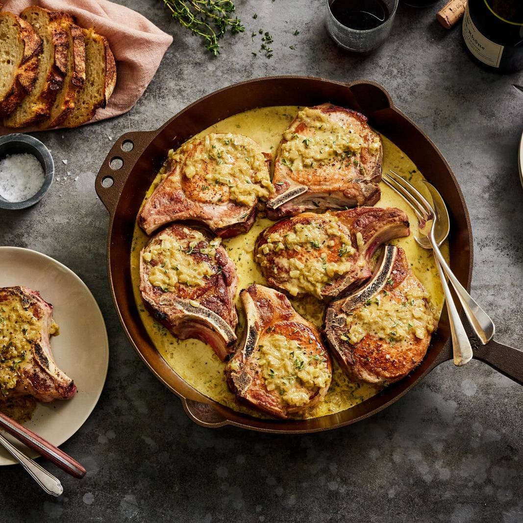 Pork chops in a creamy herb sauce in a No. 14 Skillet