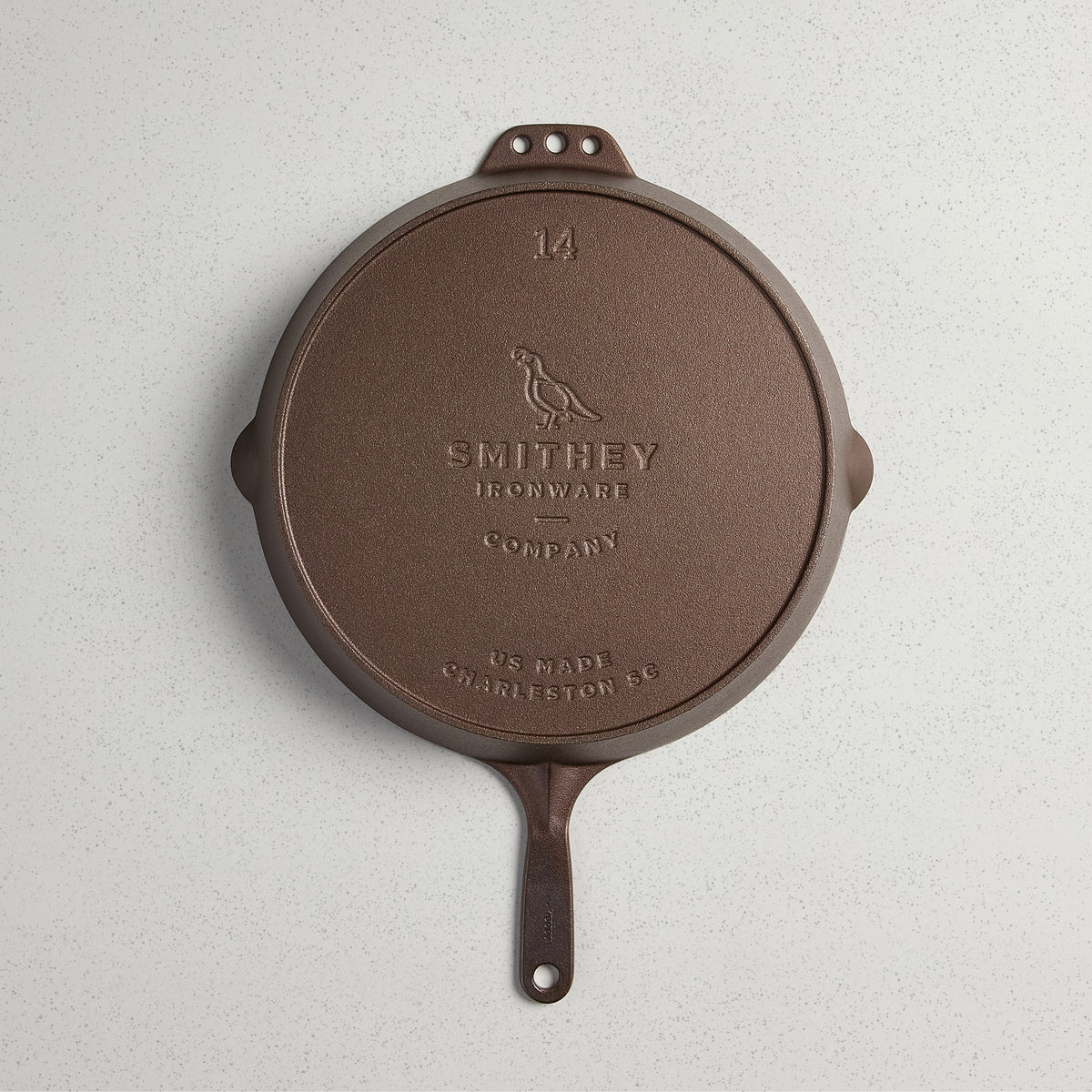Underside of the No. 14 Skillet showing the cast Smithey logo