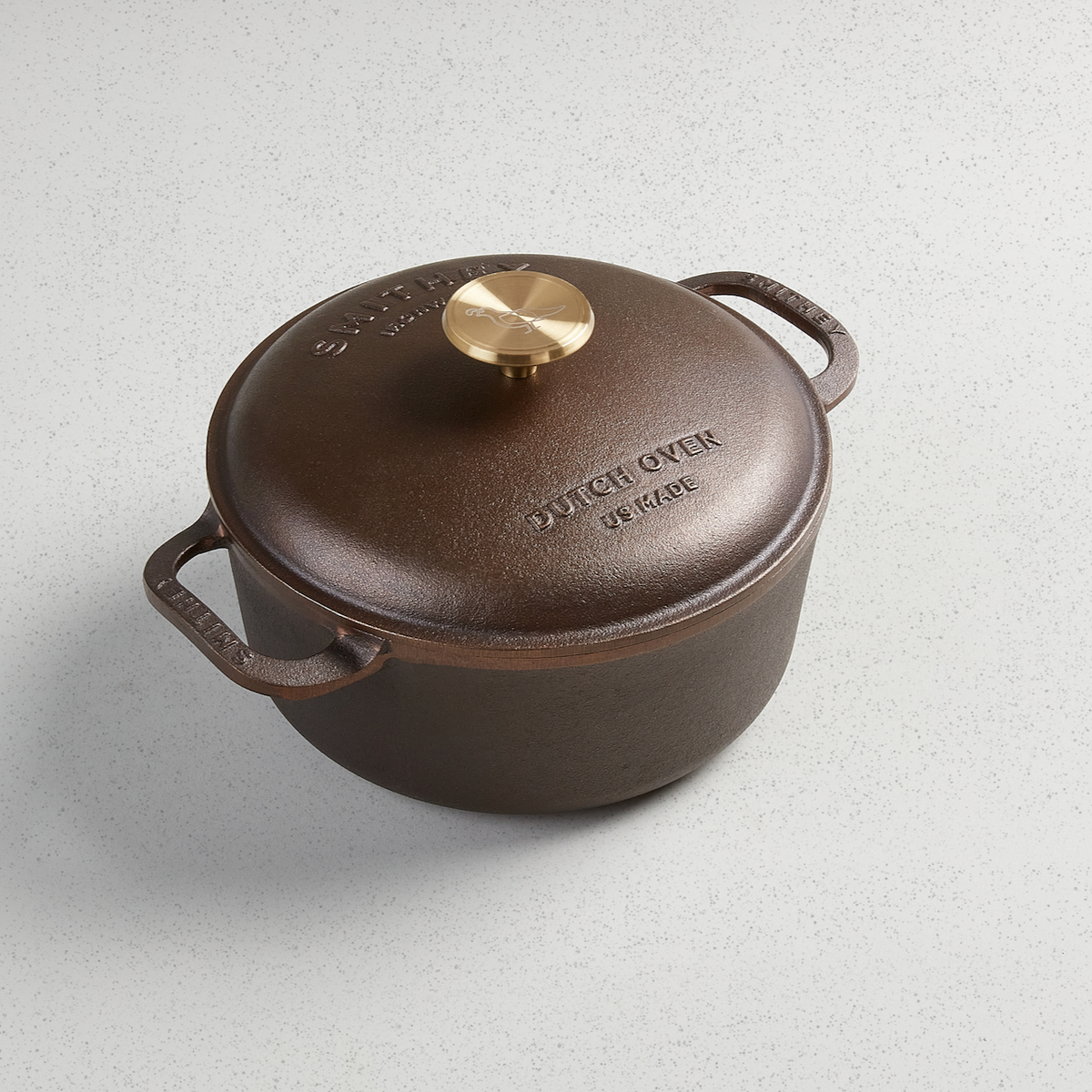 3.5 Qt Dutch Oven with brass-knob lid, angled overhead view