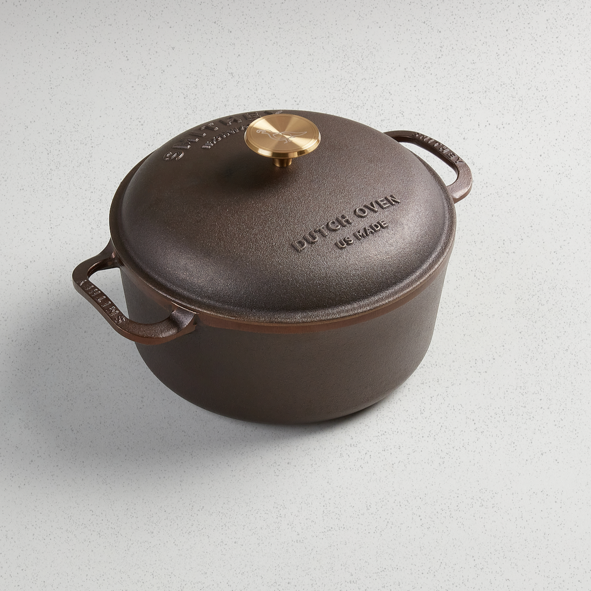 5.5 Qt Dutch Oven with brass-knob lid, angled overhead view