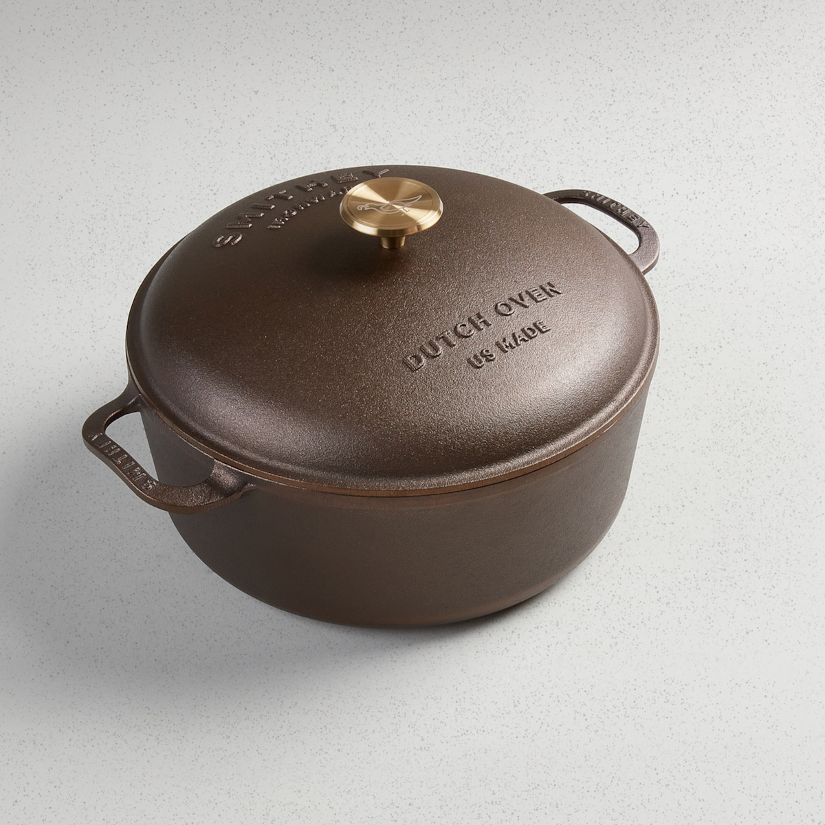 7.25 Qt Dutch Oven with brass-knob lid, angled overhead view