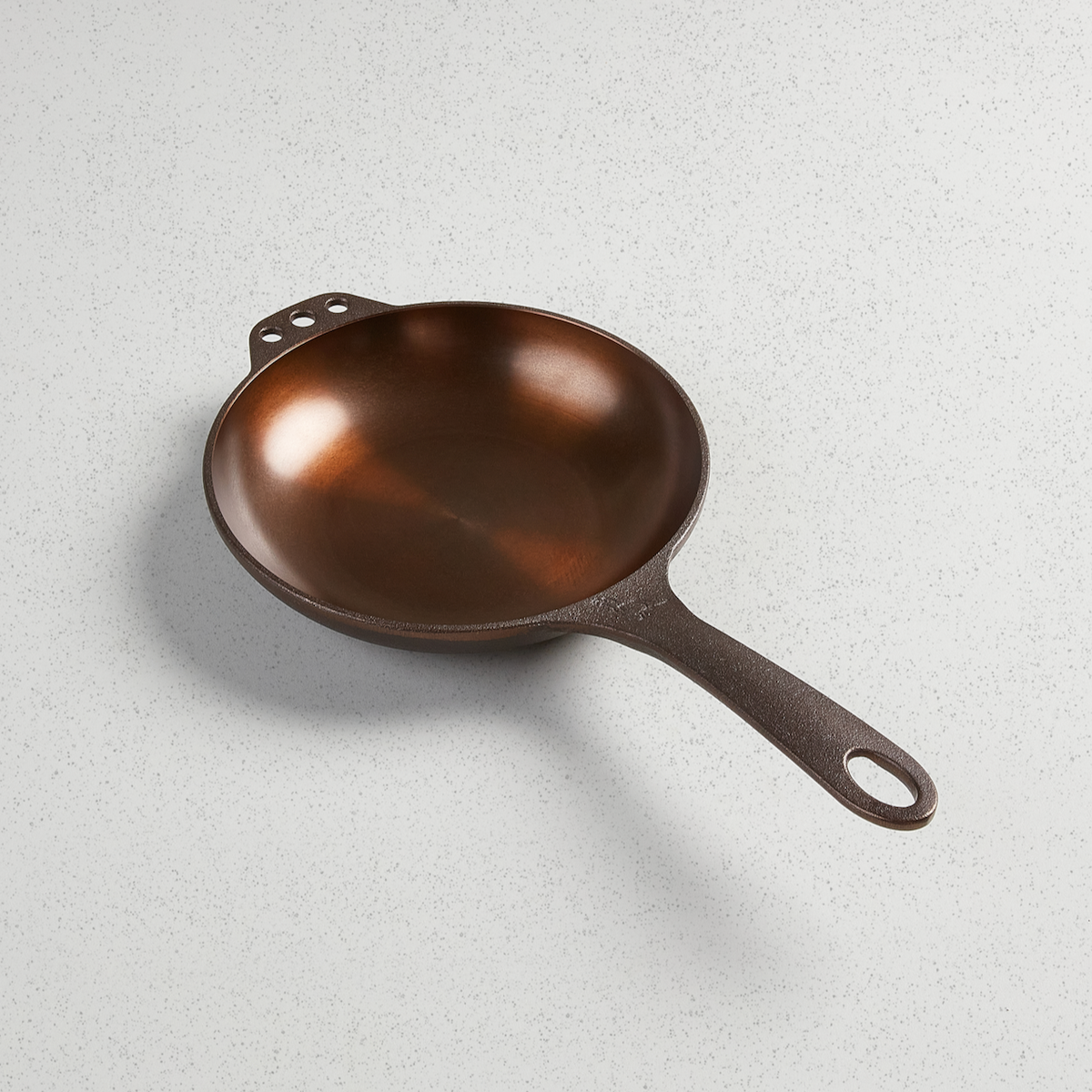 No. 8 Chef Skillet, angled overhead view of the polished cooking surface