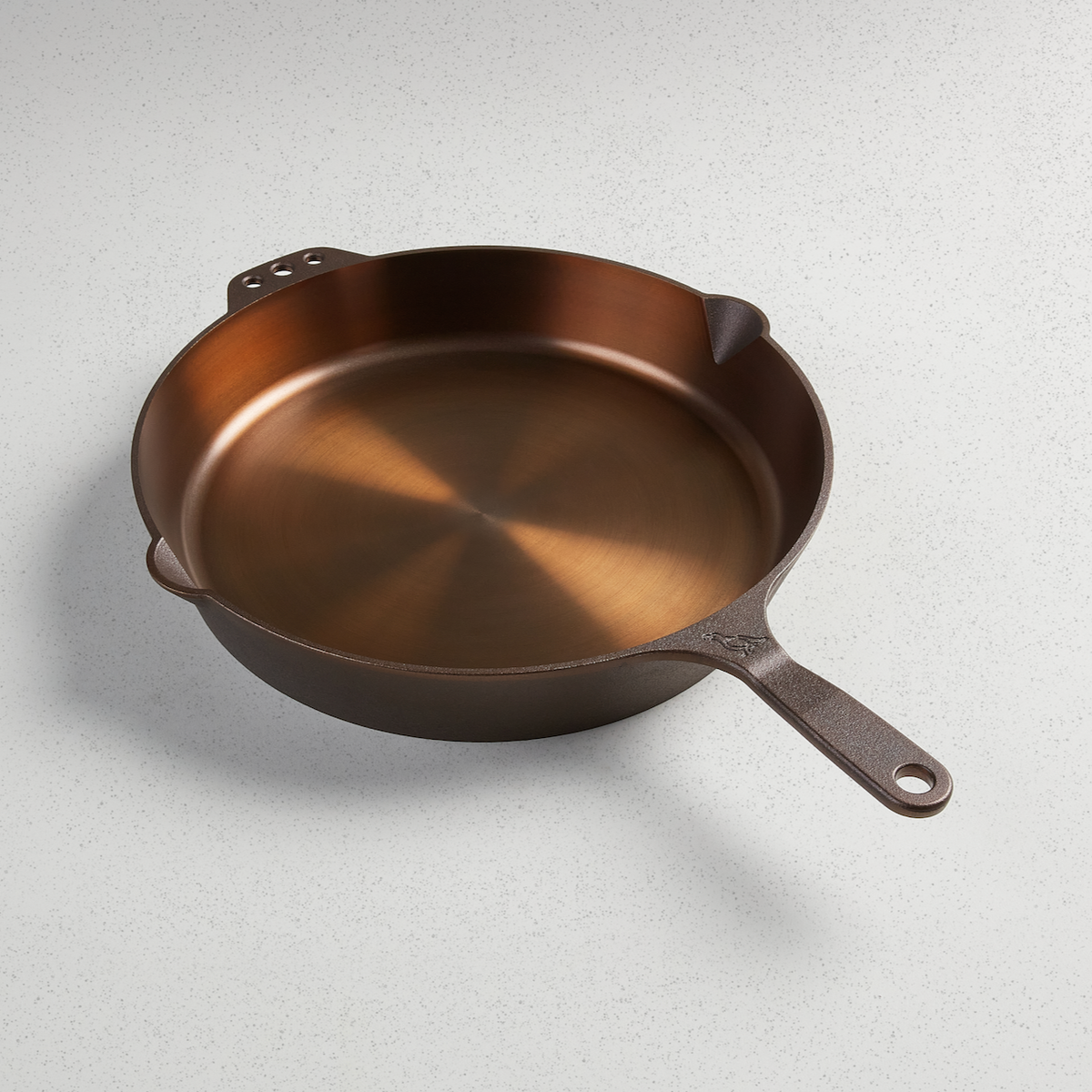 No. 14 Skillet, angled overhead view of the polished cooking surface